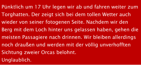 Pnktlich um 17 Uhr legen wir ab und fahren weiter zum  Torghatten. Der zeigt sich bei dem tollen Wetter auch  wieder von seiner fotogenen Seite. Nachdem wir den  Berg mit dem Loch hinter uns gelassen haben, gehen die  meisten Passagiere nach drinnen. Wir bleiben allerdings  noch drauen und werden mit der vllig unverhofften  Sichtung zweier Orcas belohnt.  Unglaublich.